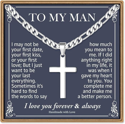 IEFLIFE Easter Basket Stuffers - Cross Necklace Easter Gifts for Men Boys Silver Figaro Chain Cross Necklace Jewelry Christian Baptism Gifts for Boys Birthday Gift for Dad Husband Son Grandson