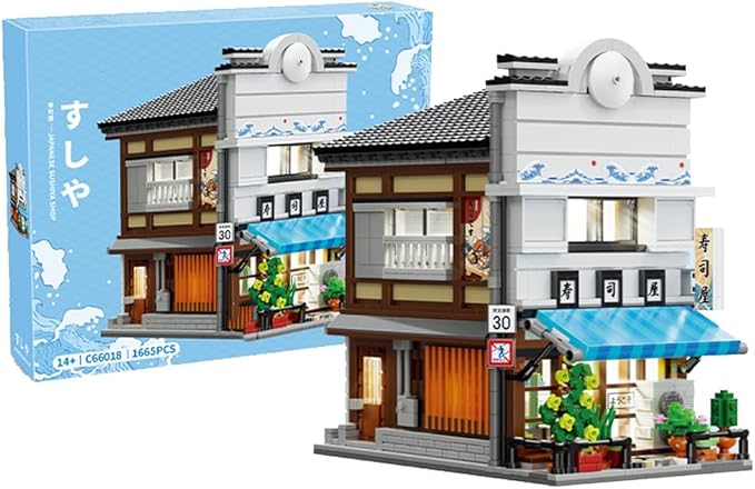 Japanese Sushi House Architecture Building Blocks Set – 1665PCS Creative Street View Model with Lighting &amp 1 People Creative Construction Shop House City View Birthday Gift for Adult
