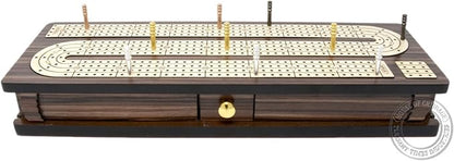 House of Cribbage - Continuous Cribbage Board Inlaid 4 Tracks Rosewood/Maple with Sliding Lids and Drawer
