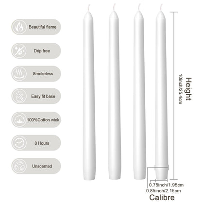 Everymoment White Taper Candles - 4 Pack 10 Inch Candlesticks - Dripless & Smokeless for 8 Hours - Unscented Paraffin Wax - Perfect for Wedding Christmas Halloween Holiday Dinner Table & Home Decor