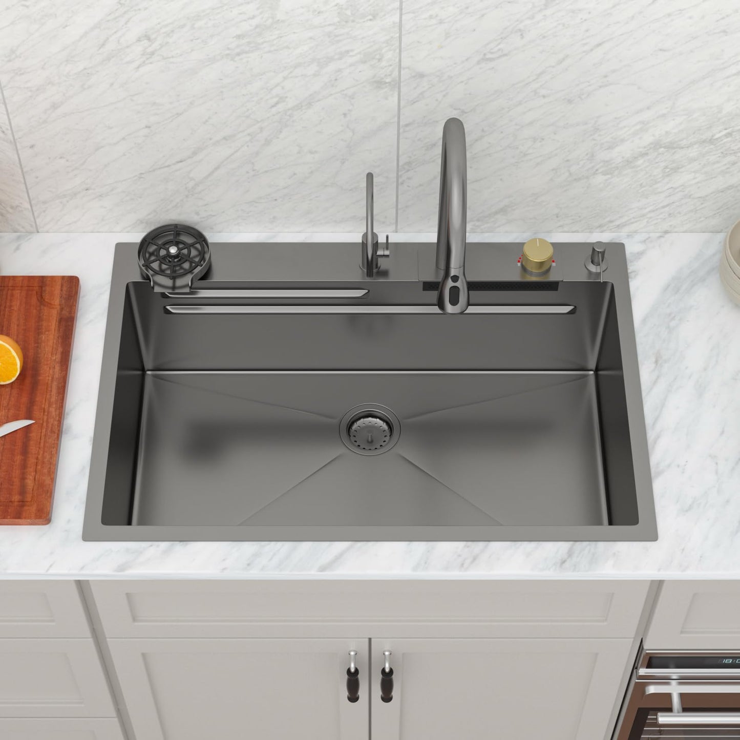 Logmey 33x22 Waterfall Kitchen Sink,Gunmetal Black Nano PVD Drop in Workstation Single Bowl,16 Gauge Anti-Scratch Anti-Rust Stainless Steel Sink with Faucet for Kitchen Remodel Food Prep & Dishwashing