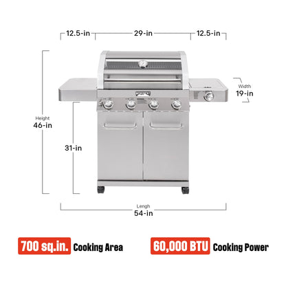 Monument Grills Larger Convertible 4 Burner Natural Gas Grill Stainless Steel Cabinet Style Propane Grills, LED Controls,Side Burner(Without Conversion Kit)