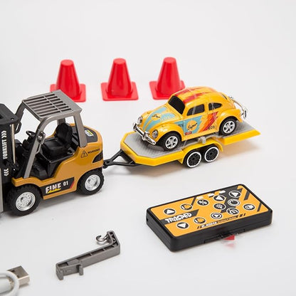 FunXylophy 1/64 Mini RC Forklift 2.4G 10KM/h Full-Proportional Remote Control Forklift with Trailer Cargo Hook Forks and Pallet Christmas &amp Birthday Gifts (Yellow)