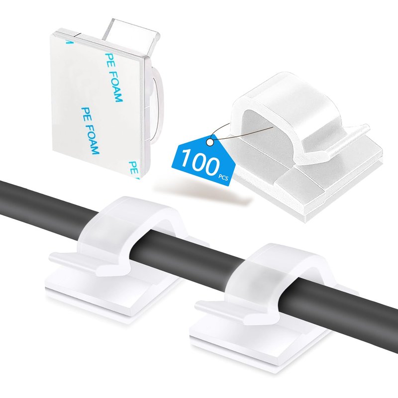 Abnii 100PCS Cable Clips, Adhesive Wire Clips Organizer Cord Clips Management, Cable Staples Outdoor Strong for Wall, Desk, Christmas Lights, String Lights, TV PC Ethernet Cable, Clear Small