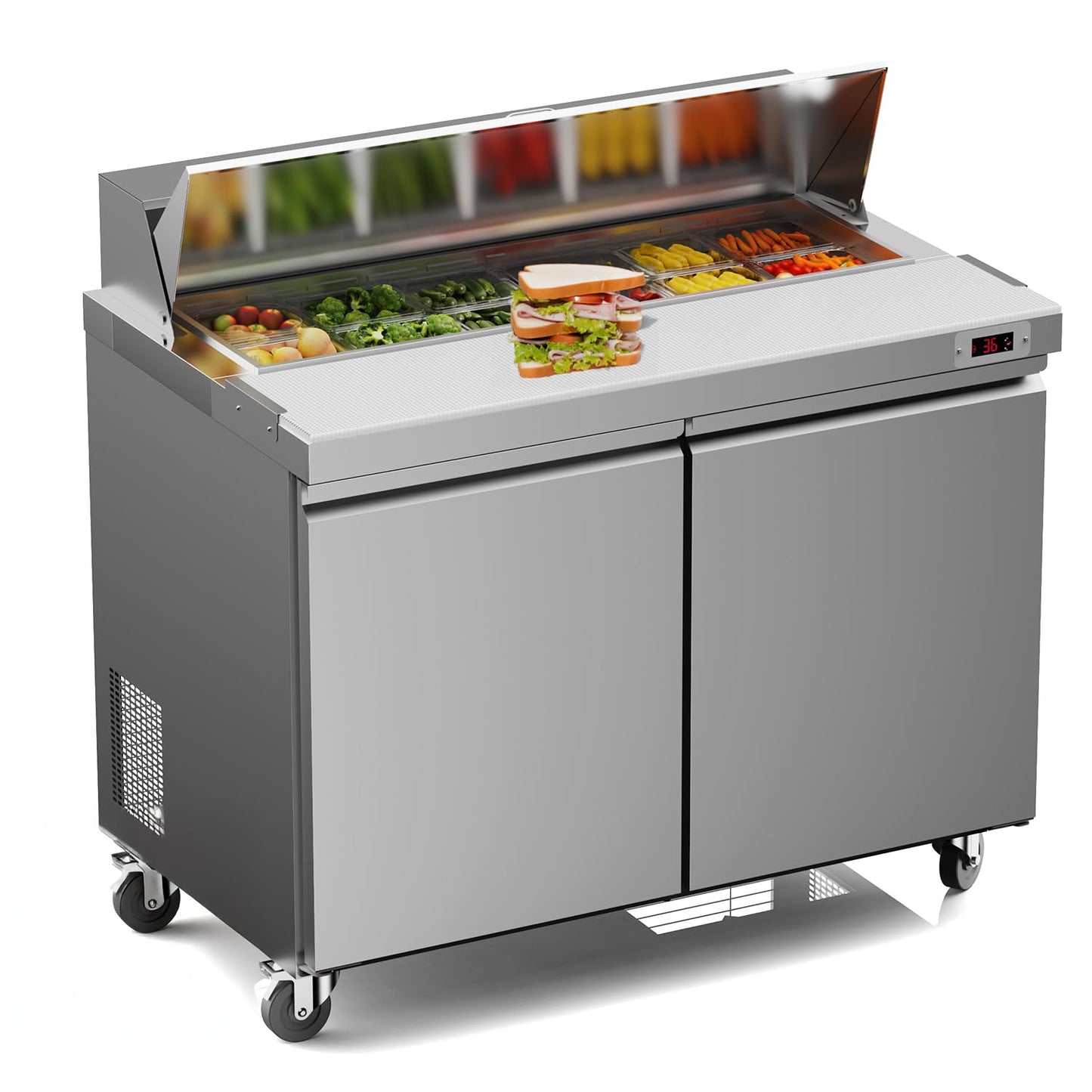 Ferueo 48’’ W Commercial Refrigerator Sandwich Salad Prep Table Refrigerators 2 Door with 12 Pans, Prep Station Fridge for Restaurant, Bars, Shops
