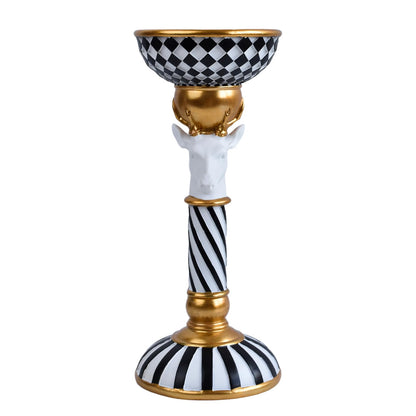 Checkered Animal Candle Holders, Resin Black White Checkered Tiger Head Candlestick Holders, Cute Black-and-White Pillar Candle Stand Home Decorations (Deer)