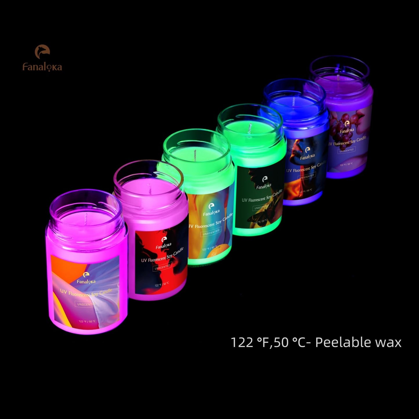 UV Fluorescent Soy Wax Low Temperature Candles, Low Heat Body Safe Candle for Night Party, Unscented, 122 °F, 11 oz, Peelable Wax (Blue)