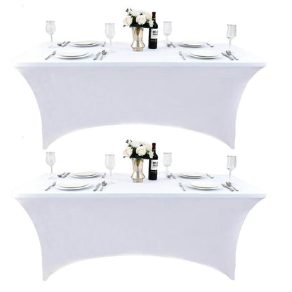 ZarzaaSik 2-Pack 4ft White Spandex Table Covers for Rectangular Folding Tables - Wrinkle Resistant Stretch Tight Table Cloths - Ultimate Fitted Table Protector for Parties, Banquet, and Wedding