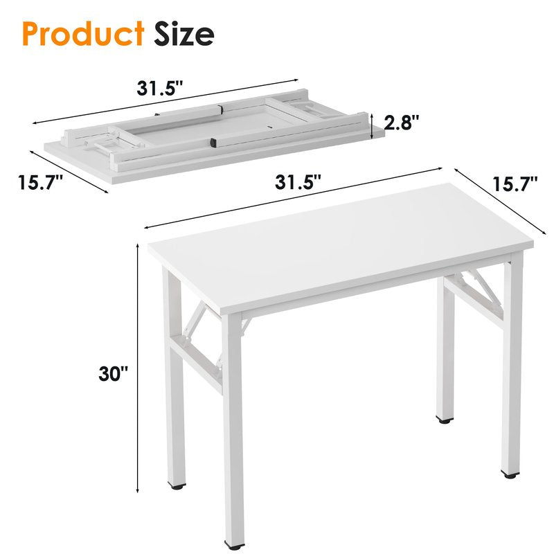 Need 31.5 Inch Folding Computer Desk for Small Spaces, White Study Foldable Writing Table for Home Office, Bedroom, Dorm Room & Student, No Assembly