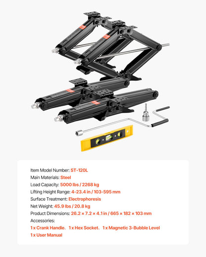 VEVOR 5000 lbs RV Scissor Jacks, 4-23.4 in RV Stabilizer Leveling Scissor Jacks, Set of 4, Heavy Duty Stabilizer Jack with Crank Handle, Socket and Bubble Levels, Not Easily Bent or Deformed