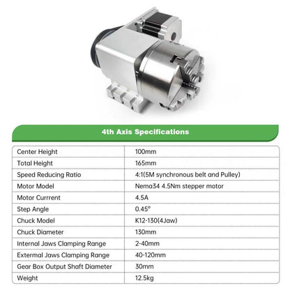 RATTMMOTOR K12-130mm CNC Router Table Rotary Milling Machine Rotational Axis A 4th Axis Through Hole 30MM, 4 Jaw Chuck Dividing Head Reducing Ratio 4:1, Nema34 Stepper Motor
