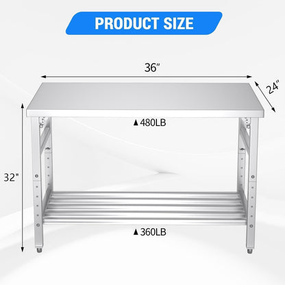 Mioleu Commercial Foldable Heavy Duty Stainless Steel Table, 36 x 24 Inches Metal Prep & Work Desk with Adjustable UnderShelf and Feet for Kitchen Restaurant Home Garage Warehouse
