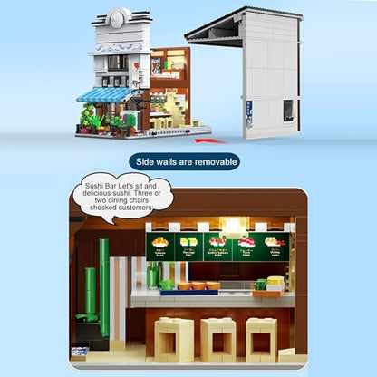Japanese Sushi House Architecture Building Blocks Set – 1665PCS Creative Street View Model with Lighting &amp 1 People Creative Construction Shop House City View Birthday Gift for Adult
