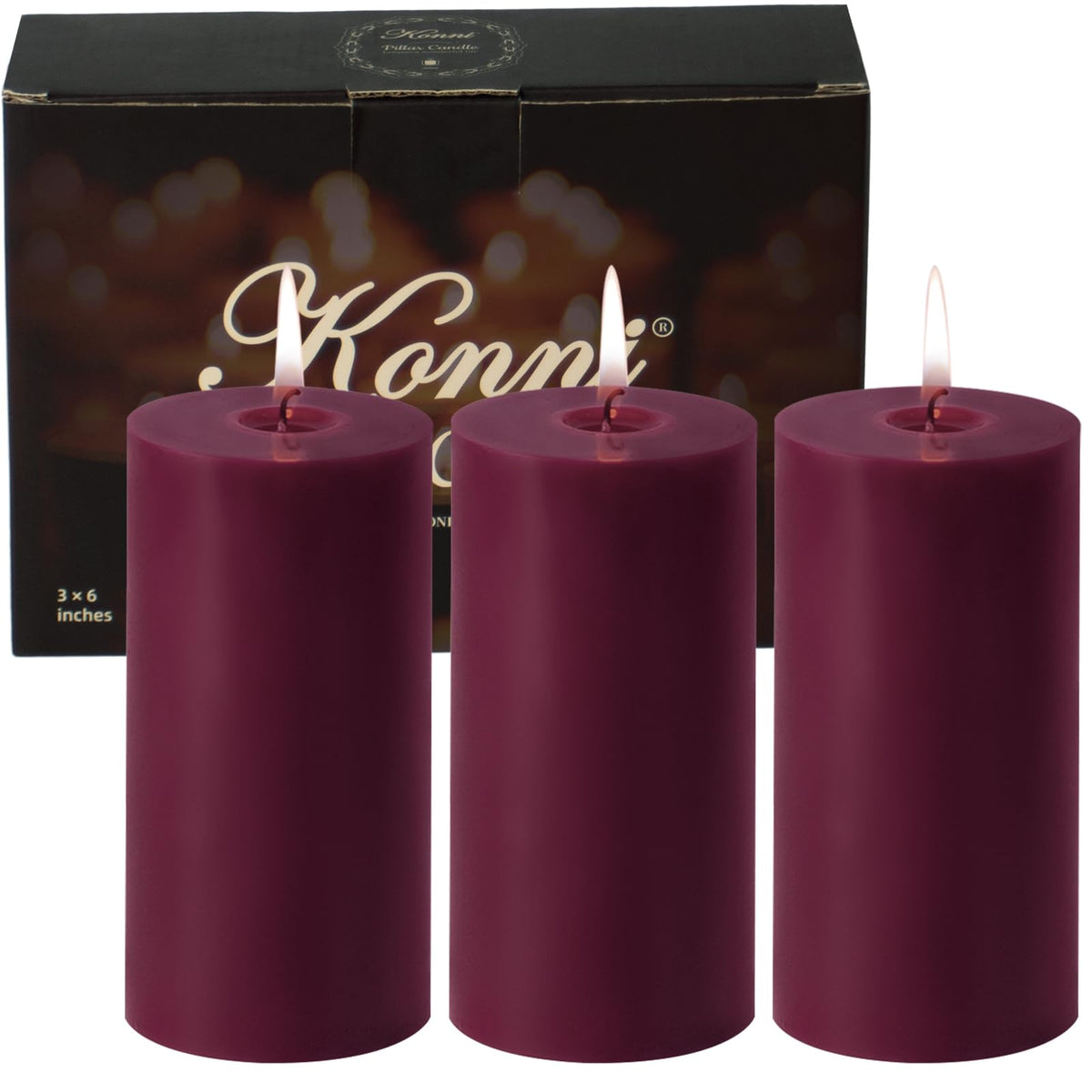 KONNI Purple Pillar Candles Set of 3, 3"x 6" Unscented Pillar Candles Bulk, 56 Hours Long Burning Candles, Smokeless&Dripless Large Round Candle for Wedding, Home Decoration, Parties, Spas, Dinner