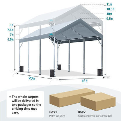 ADVANCE OUTDOOR 12x20 ft Heavy Duty Carport Potable Car Canopy Garage Party Tent Boat Shelter, Adjustable Height from 9.5 ft to 11 ft, Gray