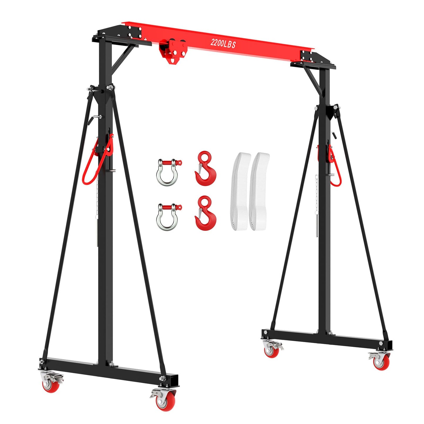 Adjustable Gantry Crane 1 Ton (2200 LBS) with Manual Trolley, Hook and Sling Strap, 12 Locking Positions (97" to 141") with Triangle Base, Portable I-Beam Hoist for Factory, Warehouse, Auto Repair
