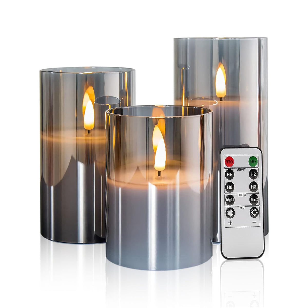 GPTMCZL Remotely Glass Battery Operated Candles, Grey Led Flameless Candles, with Remote and Timer Realistic Operation of LED Candle Light, Used for Party, Wedding, Festival Decoration(Pack of 3)