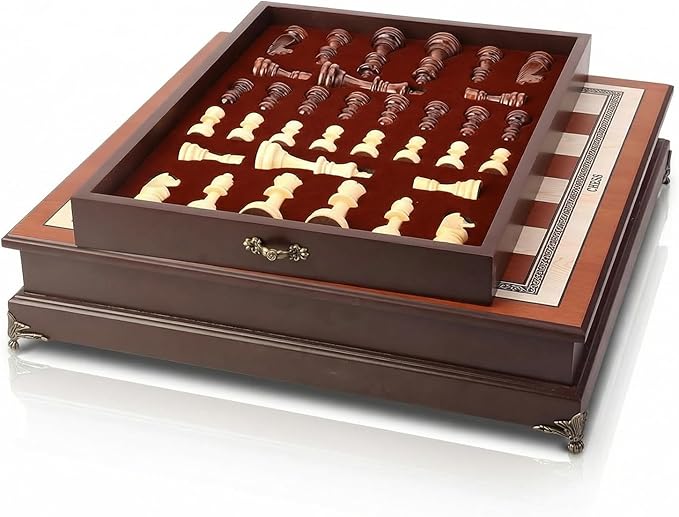 14.6-Inch Wooden Chess Set with Drawer Storage – Handmade Chess Board with 2 Extra Queens Elegant Home Decor and Strategy Game for Adults &amp Beginners