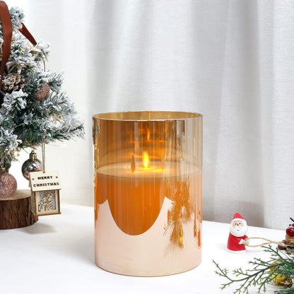JHY DESIGN Large 3-Wick Glass Flameless Candles 8''H Battery Operated Dancing Flame Flickering LED Pillar Candles with 6-Hour Timer Real Wax Candles for Home Wedding Party Festival（Gold）
