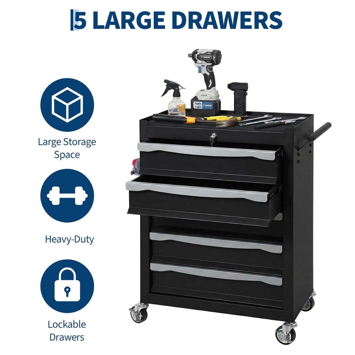 5-Drawer Tool Chest, Rolling Tool Cart, Large Capacity Tool Storage Cabinet with Keyed Locking and Drawer Liners, Link Buckle, and Can Be Combined to Large Cabinet Set, for Garage, Workshop, Warehouse