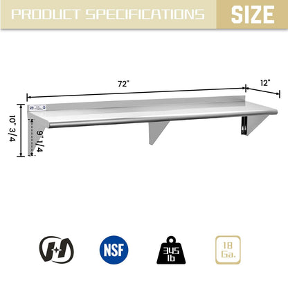 Hally Stainless Steel Shelf 12 x 72 Inches 345 lb, NSF Commercial Wall Mount Floating Shelving for Restaurant, Kitchen, Home and Hotel