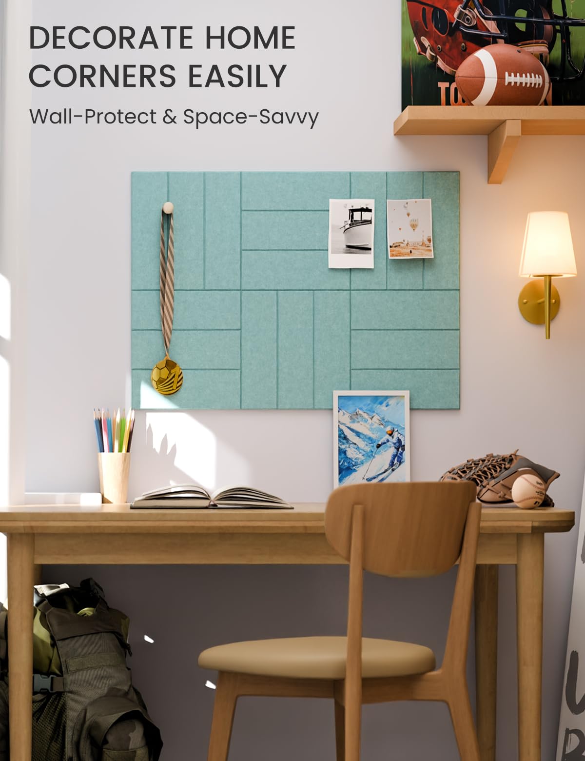 Felt Bulletin Board Tiles -28"x18" with 40 Adhesive Tabs, Cork Board Alternative for Office Decor, Push Pin Board Wall Organizer 6-Pack (Teal Blue)