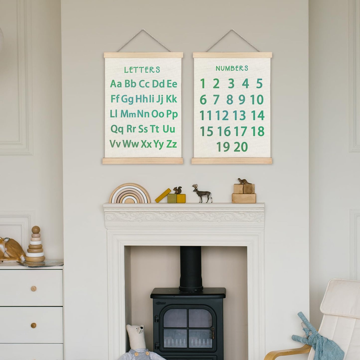 Supwhd Classroom Wall Decor, Numbers and Alphabet Educational Wall Art Poster, Alphabet ABC Numbers from 1 to 20 Poster Wall Decor for Toddler Kids Room Playroom Classroom, 12x16 Set of 2（Green）