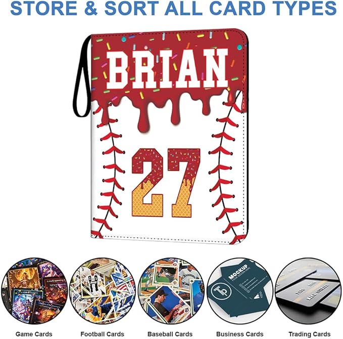 Personalized Ice Cream Drip Baseball Card Binder with Name &amp Number – Zipper Trading Card Album with Handle – Collector Case for Players &amp Fans (Ice Cream Drip Art #2)
