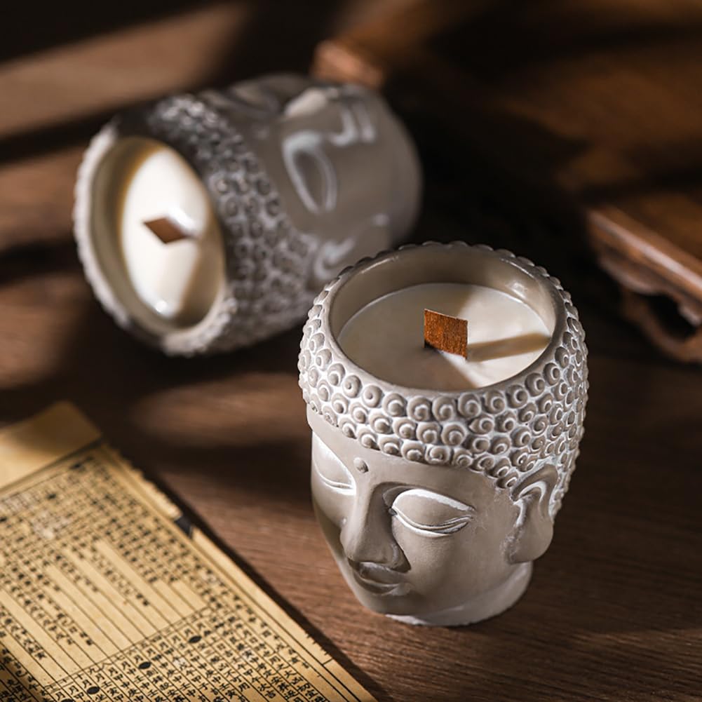 Feng Shui Meditation Buddha Candle 8oz - Wood Wick Soy Wax with Crackling Sound, Smoky Oud Scent for Positive Energy, Yoga Home Decor Spa Gift (49-Hour Burn)