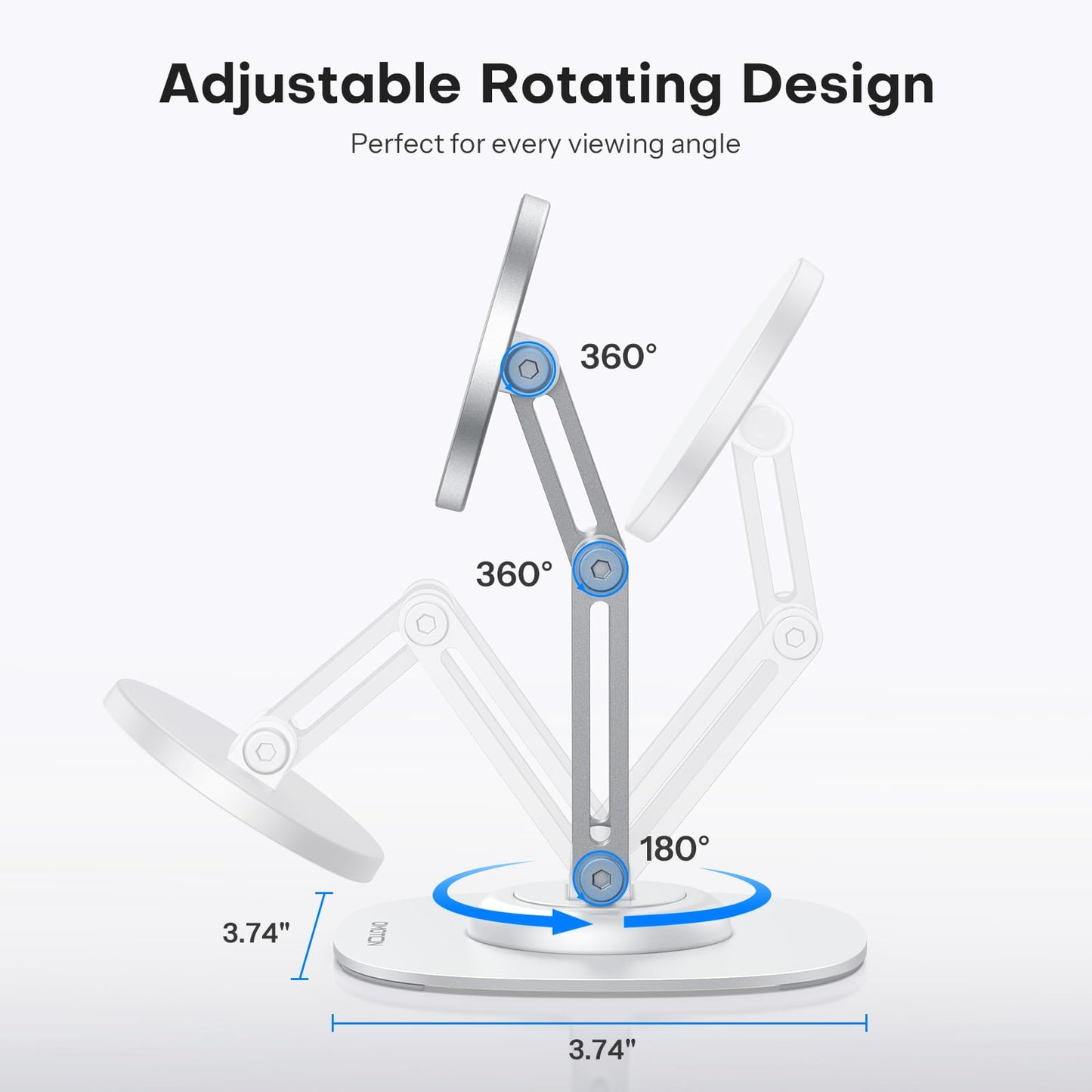 OMOTON 360°Rotating Magnetic Phone Stand for Desk, Adjustable Foldable Aluminum for MagSafe Cell Phone Stand Holder with Non-Slip Base, for iPhone 17/16/15/14 Pro Max Air/MagSafe Case- Black