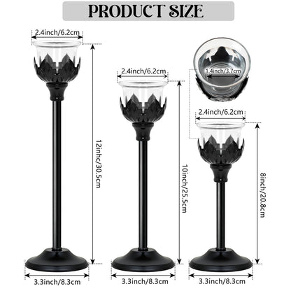 Set of 3 Metal Tea Light Candle Holder with 3 Glass Cups, 12/10/8 Inch Elegant Tealight Candelabra Centerpiece for Wedding Table Decor, Tiered Home Party Decoration (3, Black)
