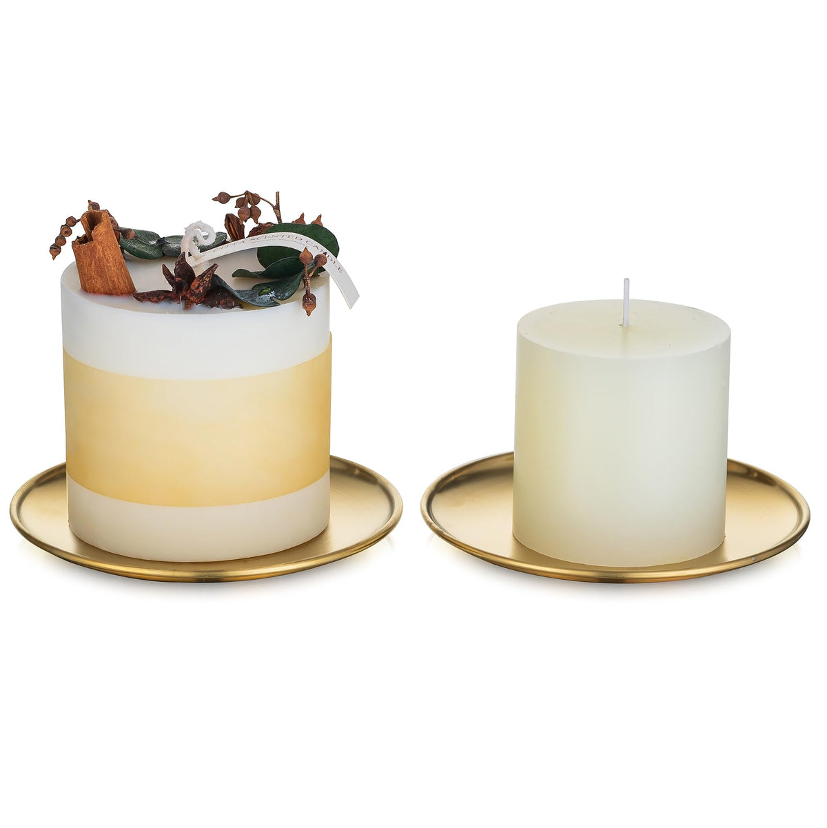 Romadedi Gold Pillar Candle Holders Decor - 5.5 Inch Round Candle Tray Decorative Brass Metal Plate Candle Srand for 3 Wick Candles Jars for Coffee Table Countertop Home Decorations, Set of 2