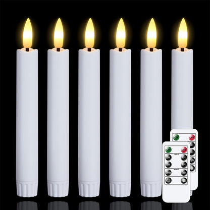 Mavandes 6.4 Inches Plastic LED Taper Candles with Remote and Timer,White Flameless Battery Operated Flickering Candlesticks,Pack of 6 Flameless 0.78” Diameter 3D-Wick Tall Window Candles,Long-Lasting