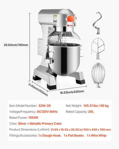 Happybuy 20Qt Commercial Food Mixer with Timing Function， Commercial Mixer 1100W Stainless Steel Bowl Heavy Duty Electric Food Mixer Commercial with 3 Speeds Adjustable, Perfect for Bakery Pizzeria