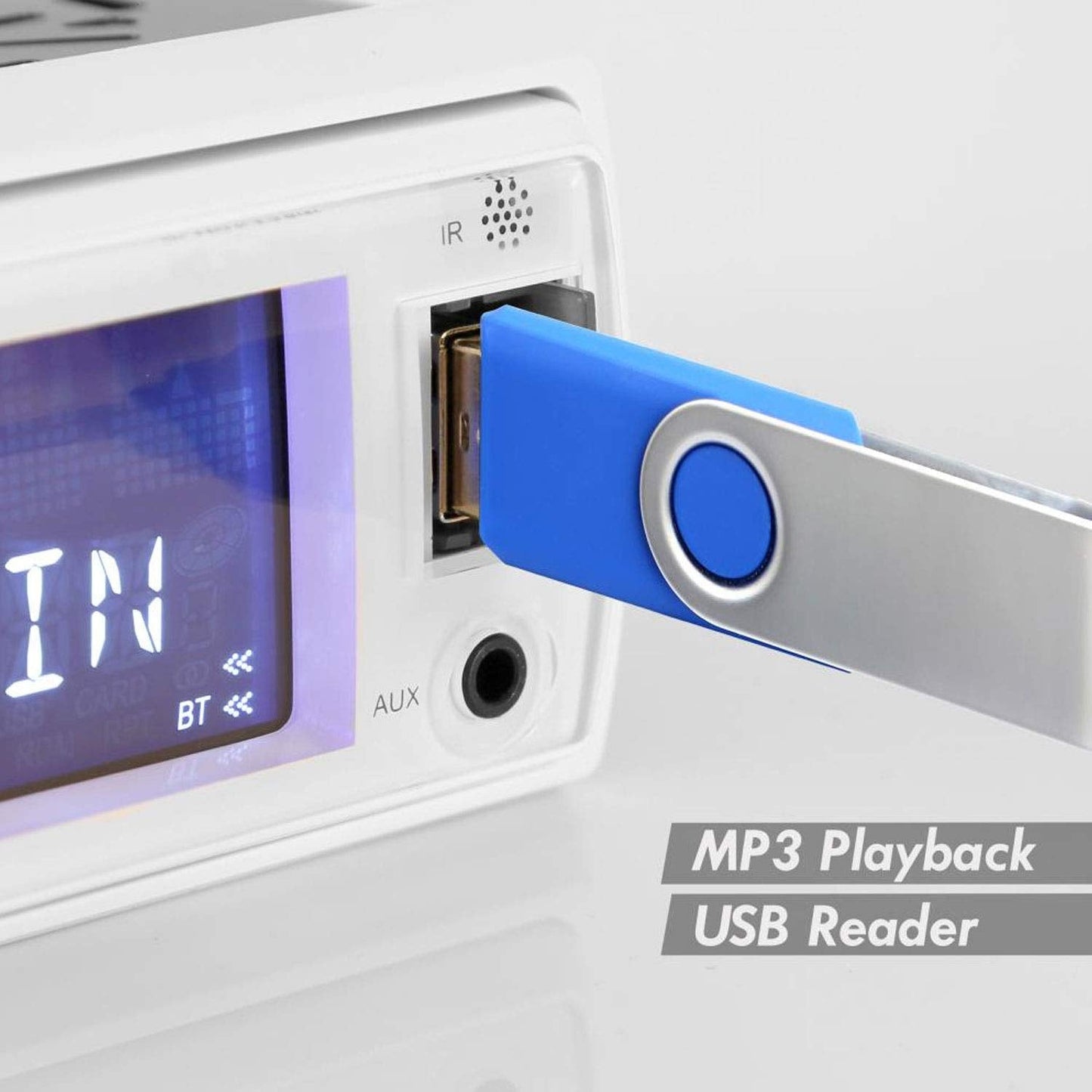 Pyle Bluetooth Marine Stereo Receiver - 12V Single DIN Boat In-Dash Radio with Digital LCD - RCA - MP3 - USB/SD - AM/FM Radio - Remote Control - Wiring Harness - PLRMR23BTW