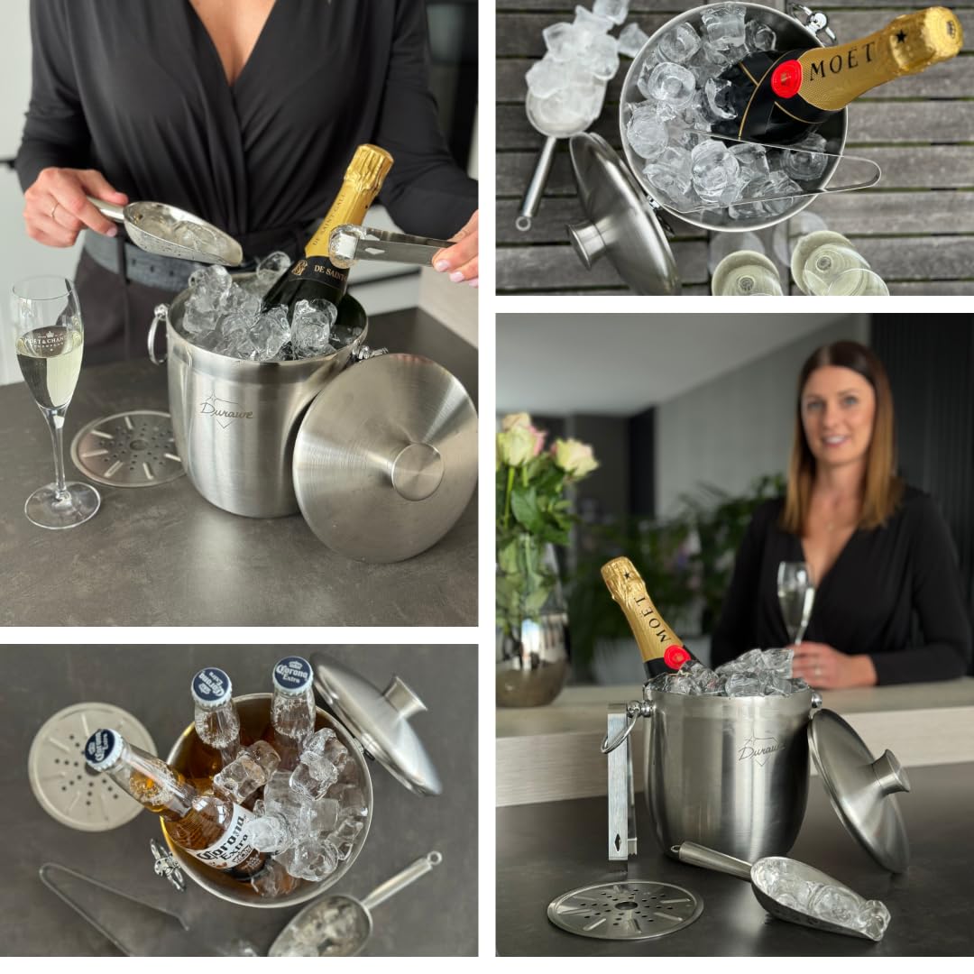 3L Insulated Ice Bucket, Champagne Bucket, Ice Bucket with Lid and Tongs, Stainless Steel, Strainer, Ice Scoop, Large Ice Buckets for Parties with Lid, Champagne, Drinks Bucket, Beer and Wine Bucket