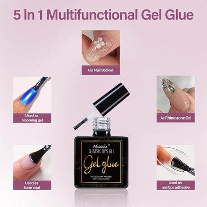 Misssix Short Almond Gel Nail Tips Kit, 216Pcs Pre Etched Clear Fake Nails, Full Cover False Nail 9-in-1 Gel Glue and Portable Mini U V Nail Lamp for Women 12 Sizes