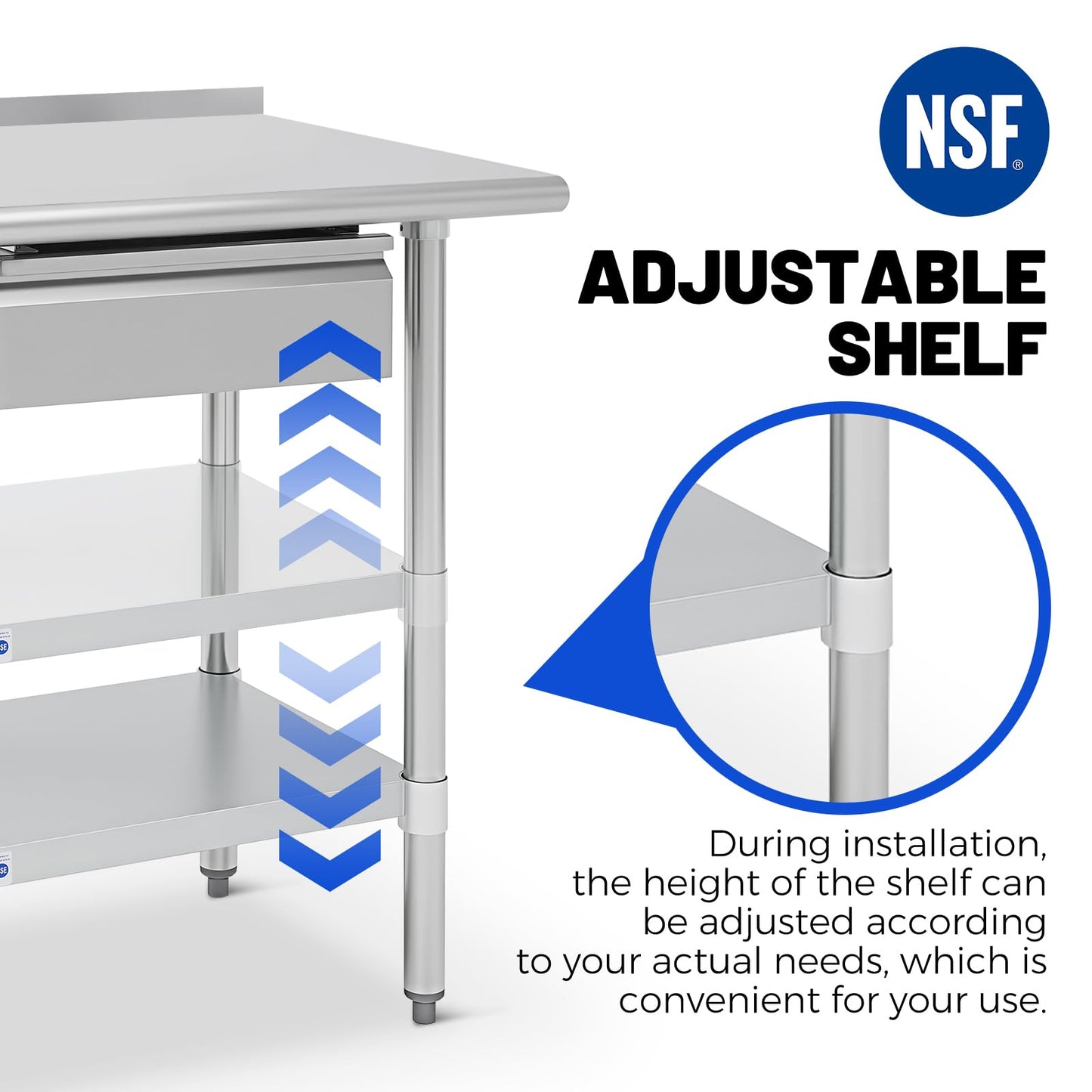 Hally Stainless Steel Prep Table 24 x 48 Inch with Backsplash, NSF Certified Commercial Work Table with Drawer, Removable Stainless Steel Pan, Undershelf and Side Hook for Restaurant, Home, Garage