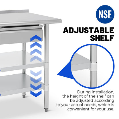 Hally Stainless Steel Prep Table 24 x 48 Inch with Backsplash, NSF Certified Commercial Work Table with Drawer, Removable Stainless Steel Pan, Undershelf and Side Hook for Restaurant, Home, Garage