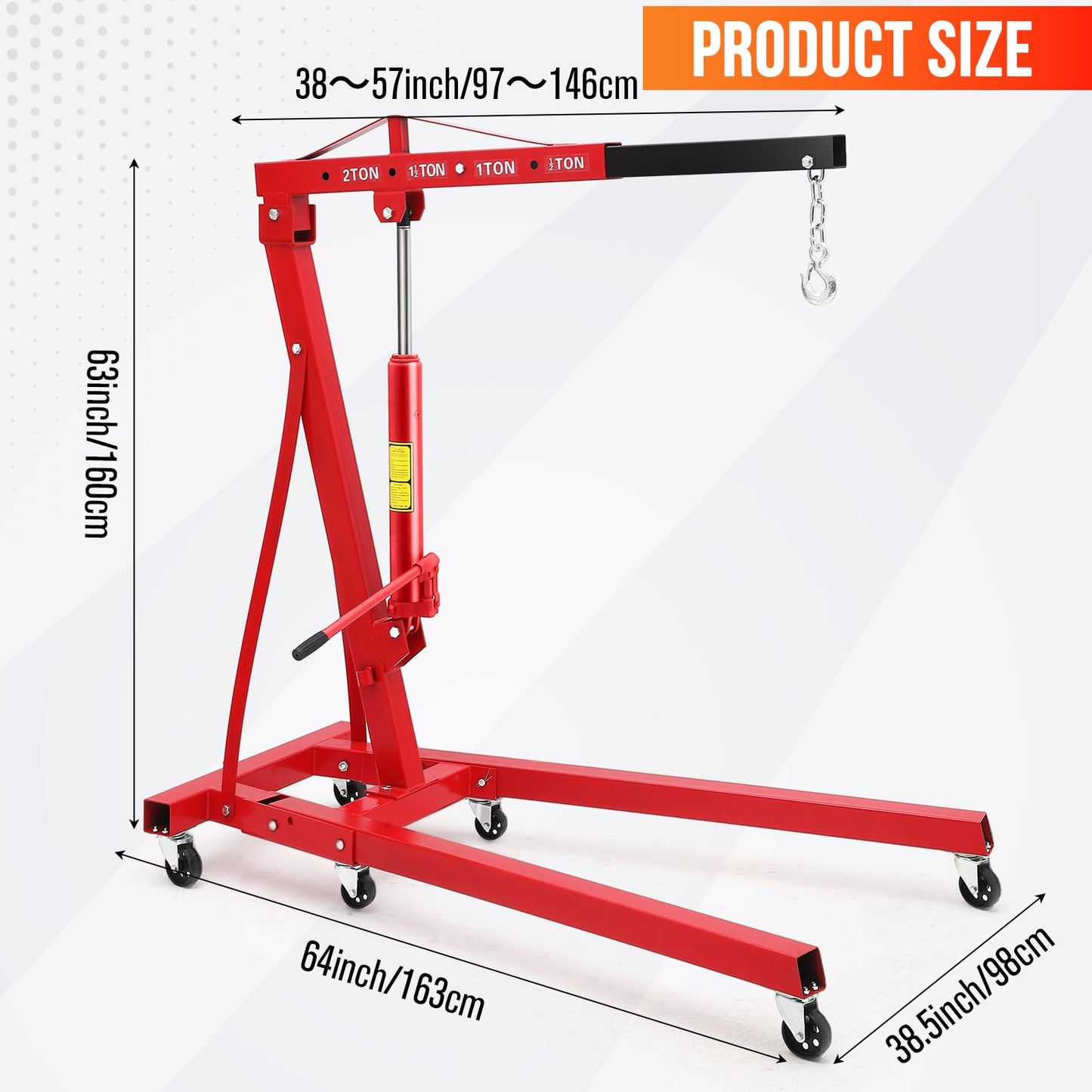 Hydraulic Engine Hoist, 2-Ton Folding Portable Shop Crane Lift, 4400 Lbs Capacity with Telescopic Boom and 6 Casters, Foldable Mobile Cherry Picker for Garage Workshop Warehouse, Red, Heavy-Duty
