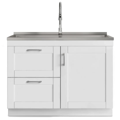 SIMPLIHOME Modern Wide Shaker All-in-One 46 inch Wide Utility Sink and Laundry Cabinet in Pure White Finish, Transitional Stainless Steel Sink Cabinet for Laundry Rooms with High-Arch Chrome Faucet