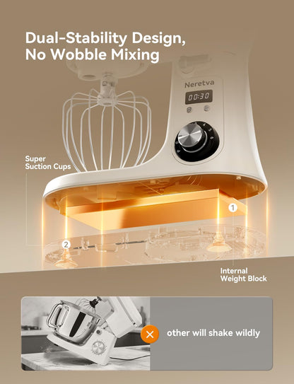Neretva Stand Mixer, 6.34QT & 6 Speed Professional Mixers Kitchen Electric Stand Mixer Super Stable & Lower Noise Household Stand Mixer with Stainless Steel Bowl, Whisk, Flat Beater, Dough Hook -Beige