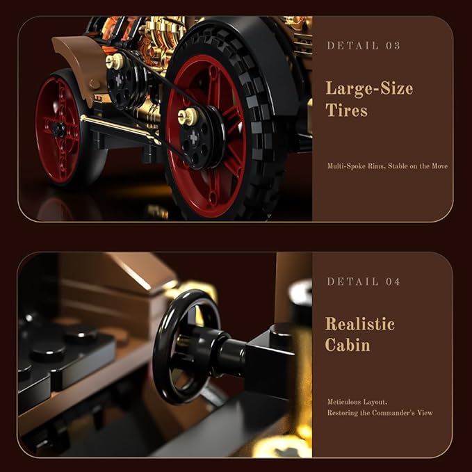 Retro Mechanical Steam Car Building Block Set MOC Classic Car Kit Supercar Toy Model Adult Building Block Car Collector Set (1-1)