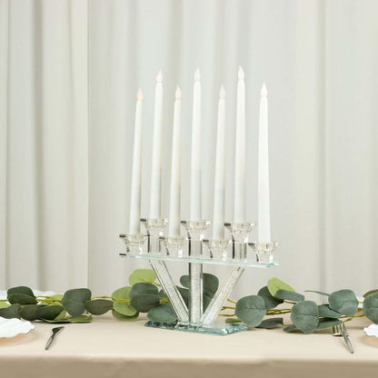 Efavormart 12" Crystal Glass Candelabra with Crystal Filler, 7-Branch Taper Candle Stick Holder Stand with Mirror Rectangular Base