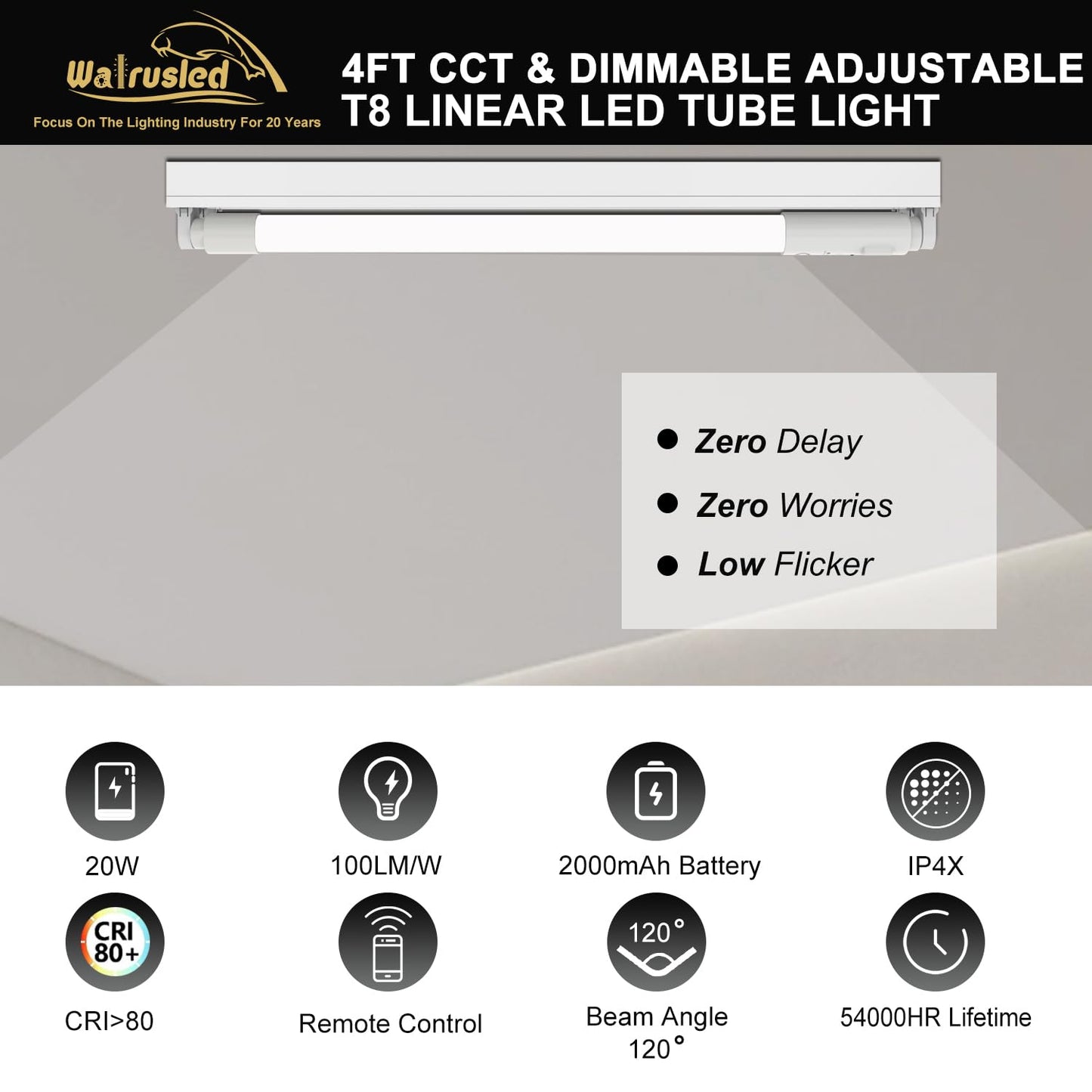 T8 LED Emergency Tube Light 4FT with Battery Backup,Remote,Dimmable,IP4X,CCT,10W,Fluorescent Tube Replacement 4 Foot,120min Emergency 3W 300LM Output Lighting,Ballast Bypass,Double Ended,Type B,2-Pack