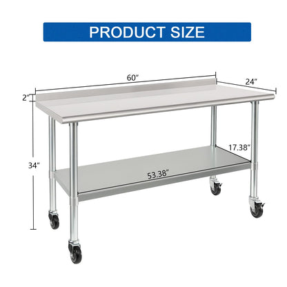 HARDURA Stainless Steel Table 24 x 60 Inches with Wheels Casters NSF Heavy Duty Commercial Prep Table with 2” Backsplash and Adjustable Undershelf for Restaurant Kitchen Home and Hotel