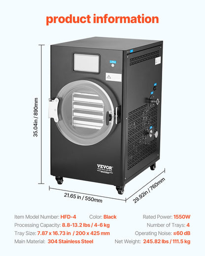 VEVOR Vacuum Freeze Dryer Machine, 8.8-13.2 LBS/Batch Food Freeze Drying Machine with 4-Layer Trays, Vacuum Pump, Adjustable Timer and Temperature Control, for Fruits Vegetables Meat, Black