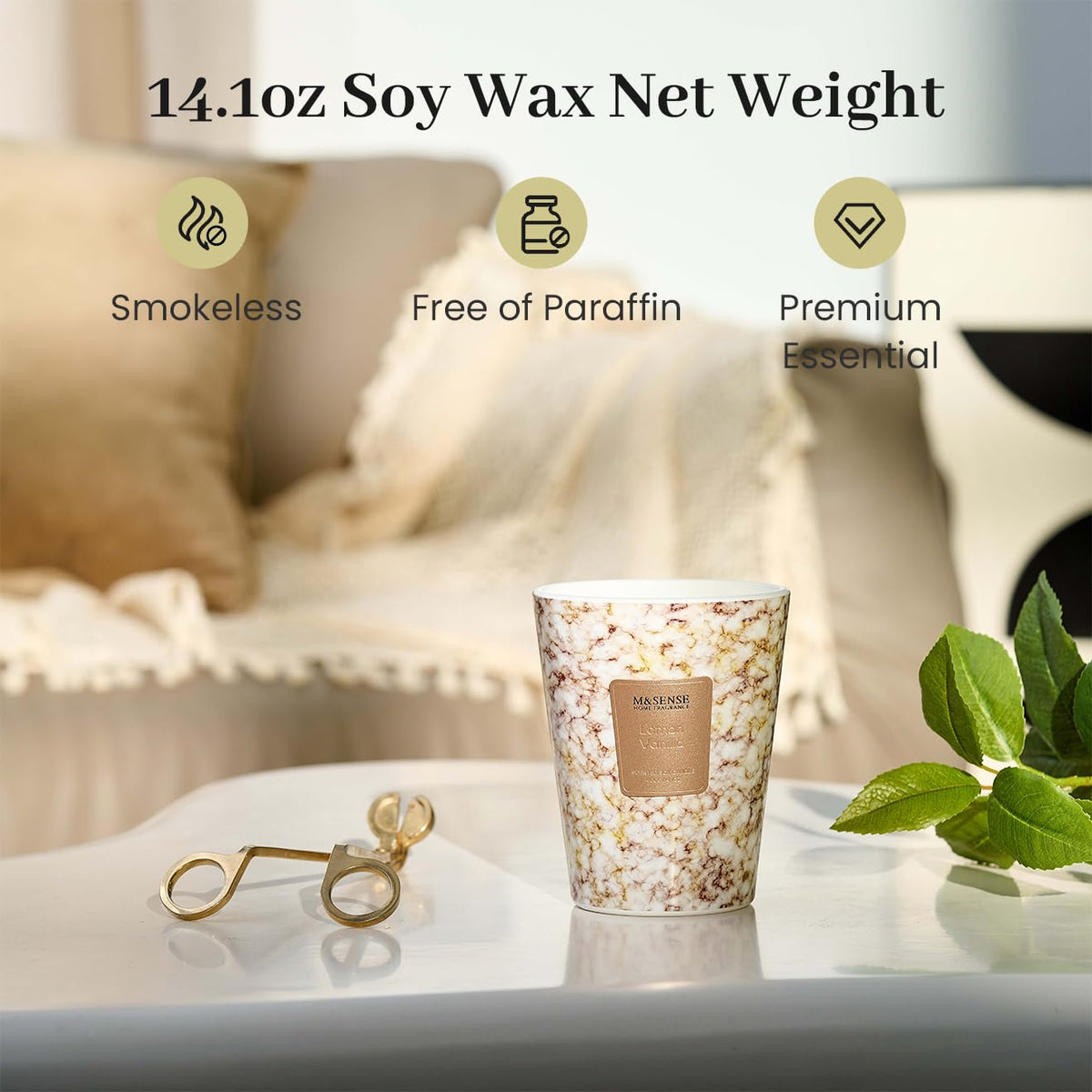 M&SENSE Lemon Vanilla Scented Soy Candle, 3 Wick Highly Scented 14.1 Oz 75H, Aromatherapy Christmas Gift for Women and Men
