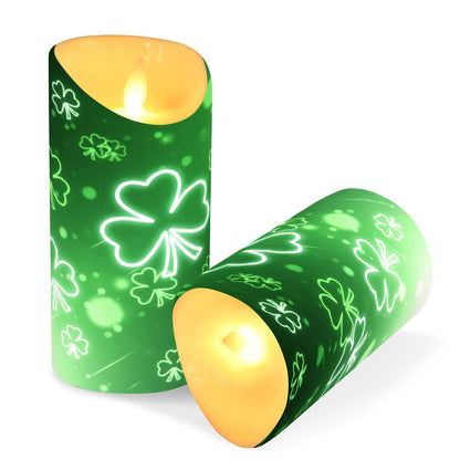 St. Patrick's Day Flameless Candles Set of 2 Green Clover Shamrock G Realistic LED Candles with Remote Battery Operated Holiday Decorations
