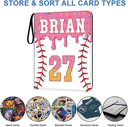 Personalized Ice Cream Drip Baseball Card Binder with Name &amp Number – Zipper Trading Card Album with Handle – Collector Case for Players &amp Fans (Ice Cream Drip Art #3)